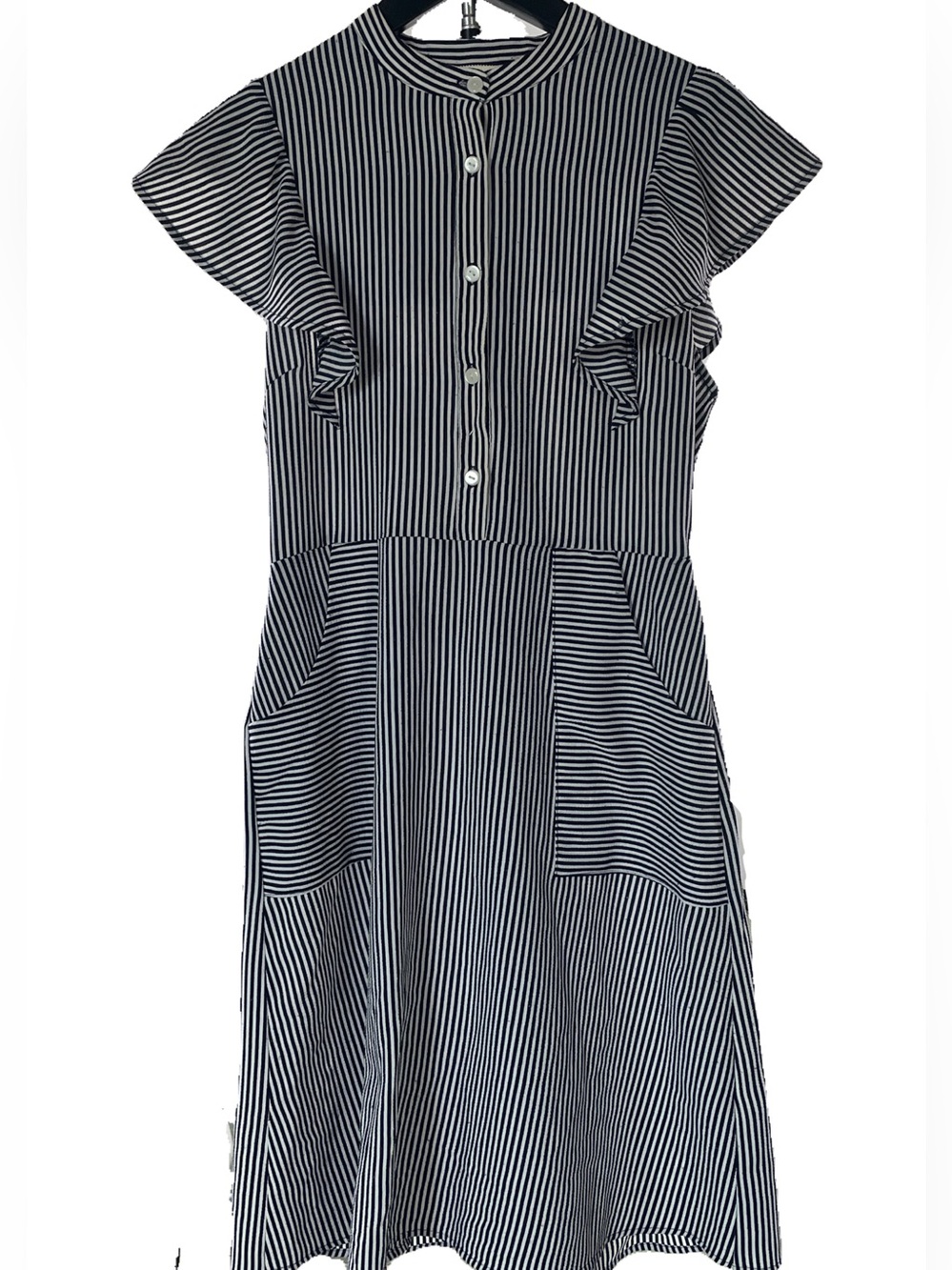 Monteau Los Angeles Navy & White Striped Ruffle Sleeve Dress with Pockets - M